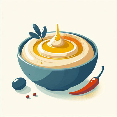Bowl of hummus with chili pepper and olive oil. Vector illustration.の写真素材