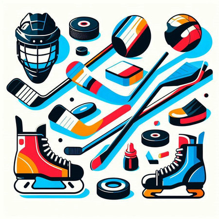 Hockey icons set in flat style. Vector illustration. Ice hockey equipment.