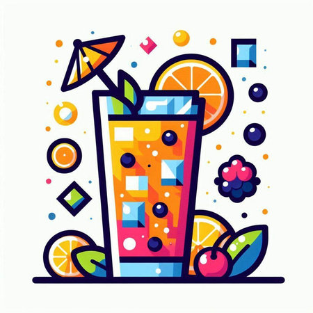 Cocktail with fruits and berries. Colorful flat vector illustration.の写真素材
