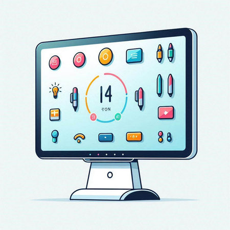 Vector illustration of modern computer monitor with colorful icons on white background.