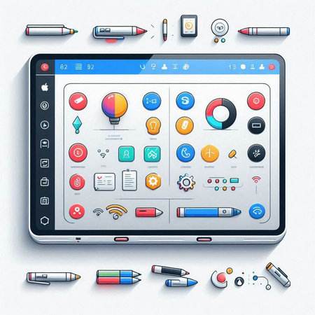 Vector illustration of a tablet computer with different education icons on the screen
