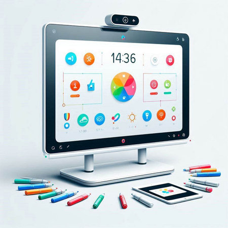 Tablet computer with Infographic design elements on the screen. Vector illustration.