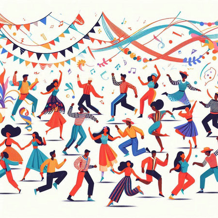 Vector illustration of people dancing in a party with confetti, garlands, flags and confetti