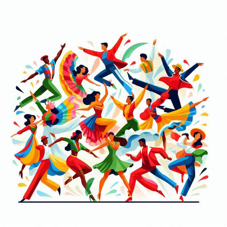 Happy dancing people. Group of happy young people dancing. Vector illustration.の写真素材