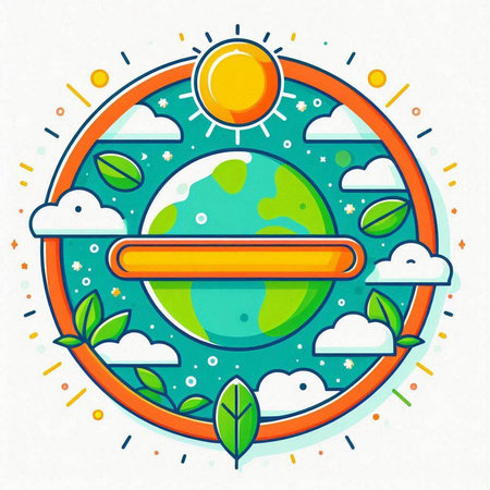 Ecology concept. Green planet with sun and clouds. Vector illustration.