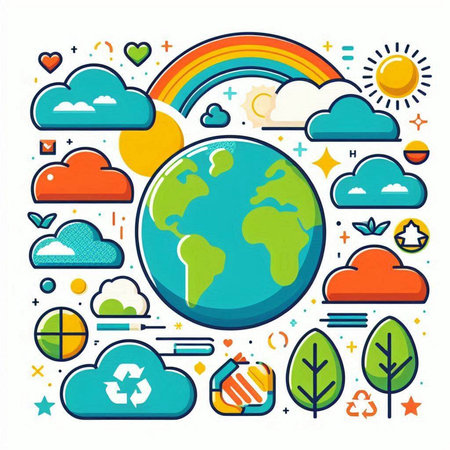 Ecology concept. Vector illustration in flat line style. Earth planet with icons.