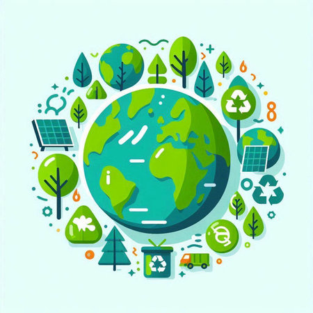 Ecology concept with green planet and eco icons. Vector illustration.