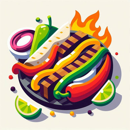 Grilled meat and vegetables on a grill. Vector illustration. Eps 10