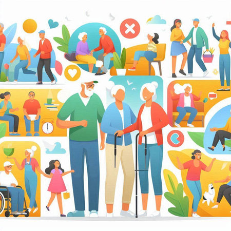 Elderly people with gadgets. Flat vector illustration of elderly people with gadgets.の写真素材