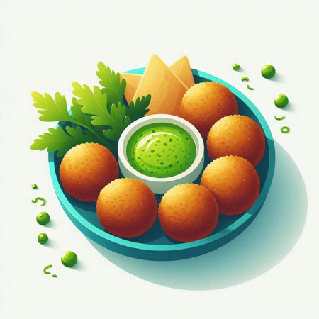 Crispy fried croquettes with green sauce. Vector illustration.