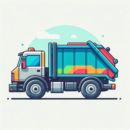 Vector illustration of a garbage truck. Flat style. Cleaning service.