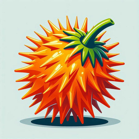 Illustration of a big orange fruit on a light blue background.