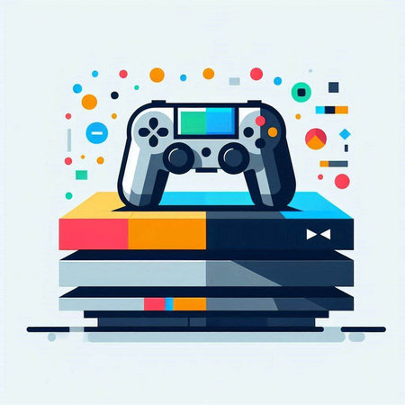Gamepad on the stack of books. Vector illustration in flat style