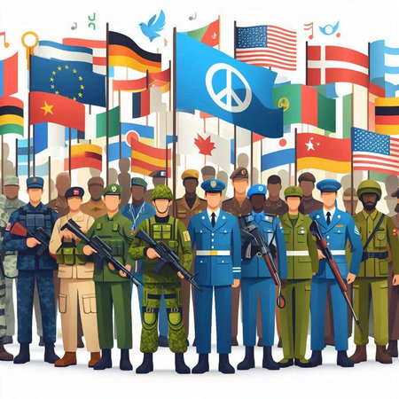 Soldiers in the background of flags of the world. Vector illustration