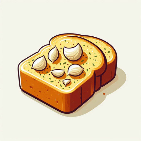 Illustration of a slice of bread with garlic on a white background