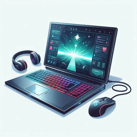 Laptop computer with headphones and mouse, vector illustration in retro style