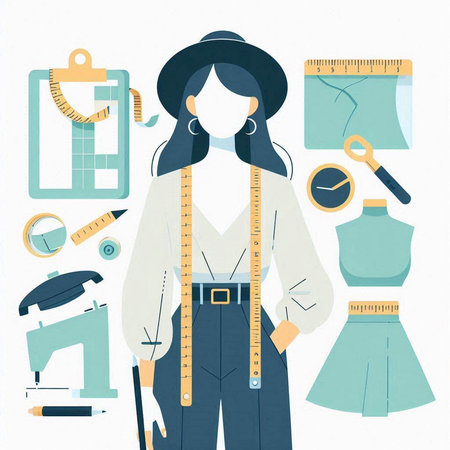 Sewing and tailoring concept. Vector illustration of a seamstress with sewing tools.の写真素材