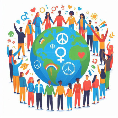 International day of peace concept. Group of people standing around the globe. Vector illustration