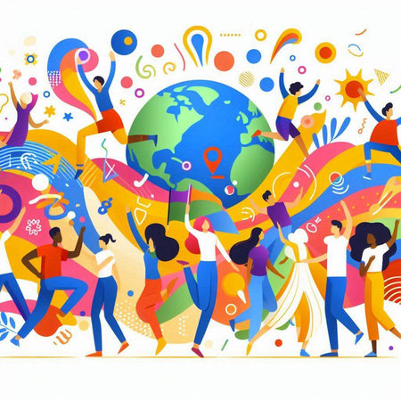 Vector illustration of a group of young people dancing around the globe.