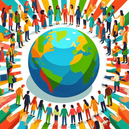 Global communication concept with crowd of people around the globe. Vector illustration