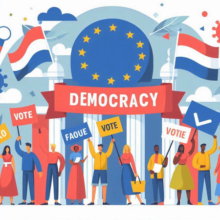 Flat design illustration of people holding placards with flags and banners with text Democracy.