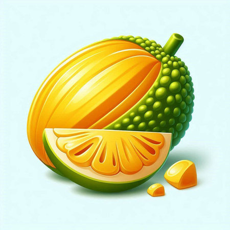 Illustration of orange and melon on a light blue background.