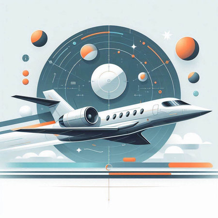 Airplane in the space with planets and stars. Vector illustration.