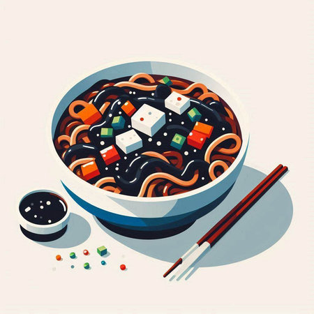 Illustration of a bowl of noodle soup with chopsticks and soy sauce