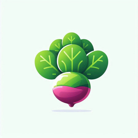 Vegetable logo with radish and green leaves. Vector illustration.