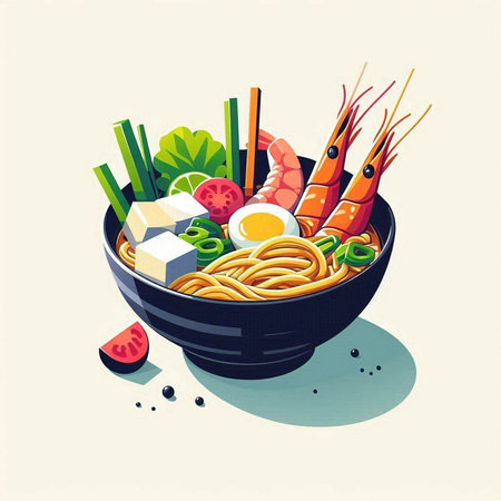 japanese noodle in bowl with shrimp and vegetables vector illustration