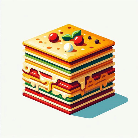 Illustration of a stack of layered pancakes with cream and berries.