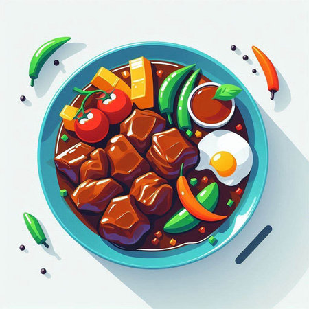 Beef stew with vegetables in a bowl. Top view. Vector illustration.の写真素材
