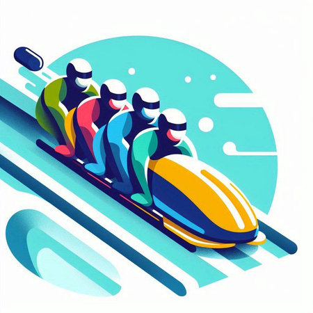 Bobsledding with a group of people. Vector illustration.
