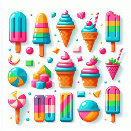 Vector set of colorful ice creams and lollipops on white backgroundの写真素材