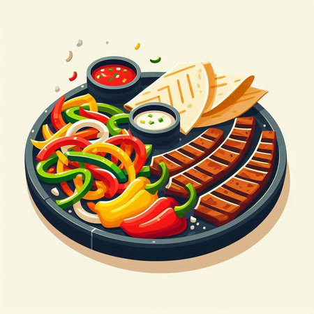 Mexican cuisine. Sausages, meat and vegetables. Vector illustrationの写真素材