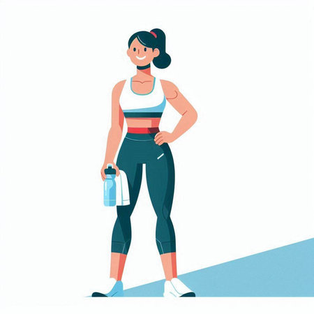 Fitness woman with bottle of water. Vector illustration in flat style