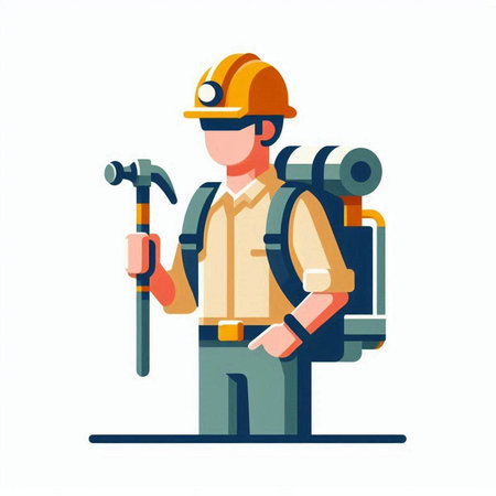 Worker in hardhat and hardhat with pickaxe. Flat vector illustration.の写真素材