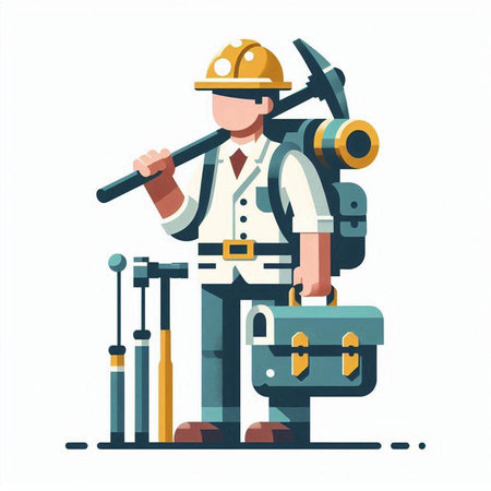 Builder worker with tools. Vector illustration in flat style isolated on white background.の写真素材