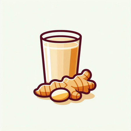 Ginger juice in glass and ginger root on white background. Vector illustration.