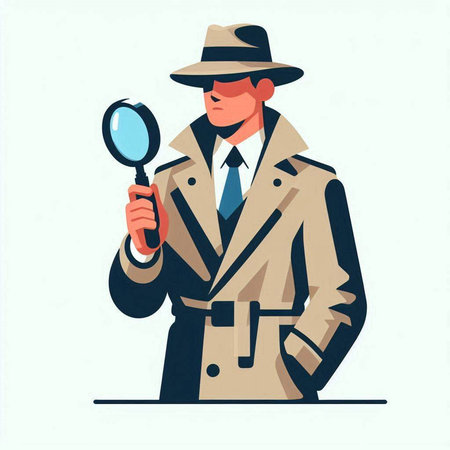 Detective with magnifying glass. Vector illustration in flat style.の写真素材