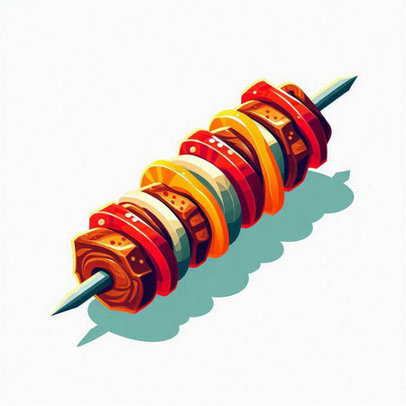 shish kebab on a skewer on a white backgroundの写真素材