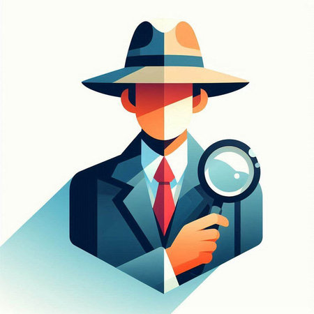 Vector illustration of detective with magnifying glass and hat in flat styleの写真素材