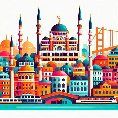 Cityscape of Istanbul, Turkey. Colorful vector illustration in flat style.