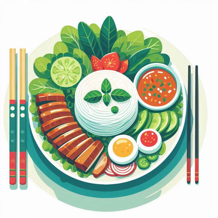 Illustration of a plate with chopsticks, vegetables, fish and egg