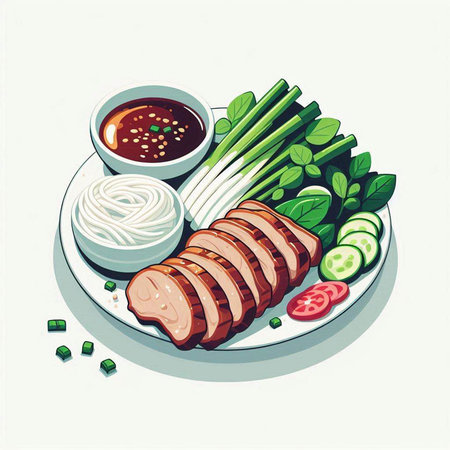 Sliced pork belly with vegetables on plate. Vector illustration.の写真素材