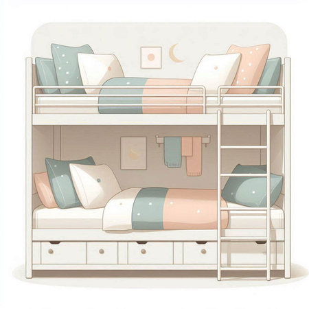 Illustration of a bunk bed with pillows on a white background