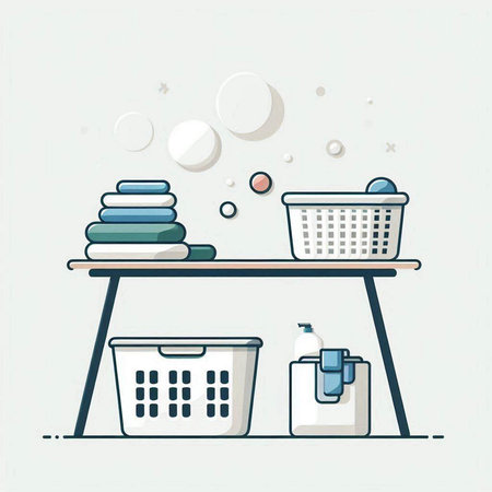 Vector illustration of a laundry room interior with a basket of clothes.