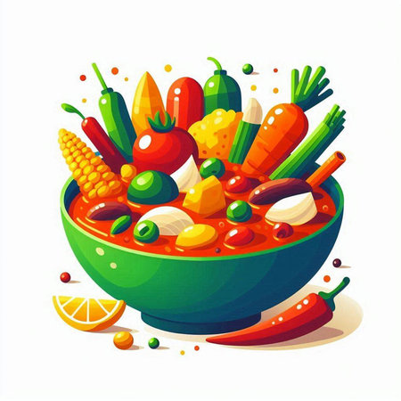 Vegetable soup in a bowl with vegetables. Vector illustration.の写真素材