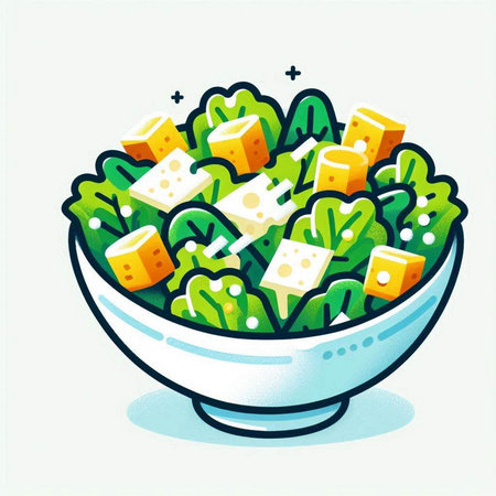 Salad with cheese and lettuce in a bowl. Vector illustration.の写真素材