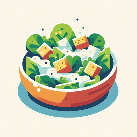 Salad with cheese in a bowl. Vector illustration in flat style.の写真素材